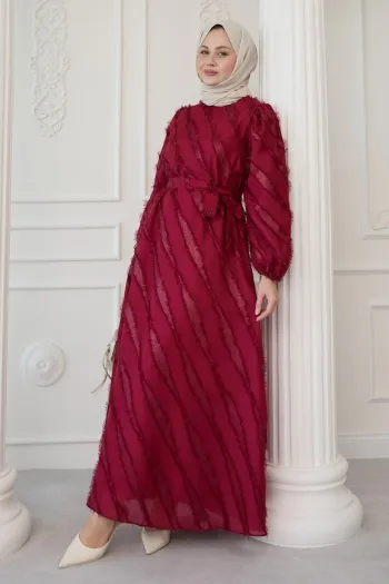 Simple Red Chiffon Satin Dress with Fringes