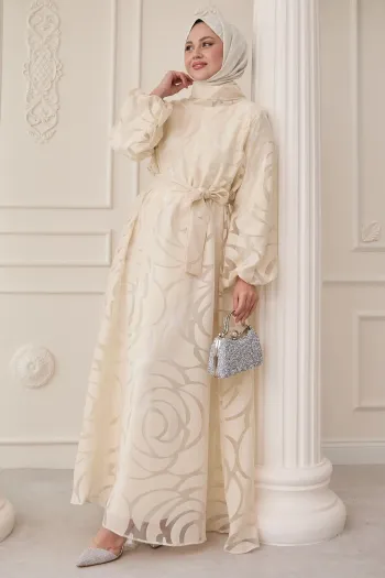 Cream Balloon Sleeve Dress with Tulle