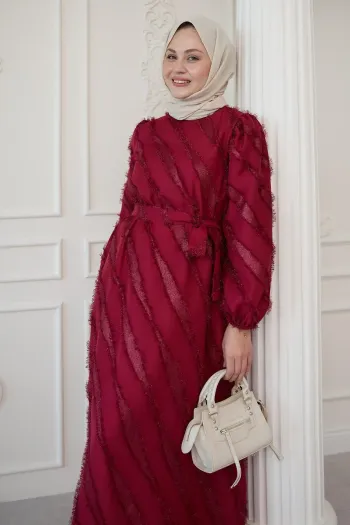 Simple Red Chiffon Satin Dress with Fringes