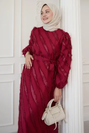 Simple Red Chiffon Satin Dress with Fringes