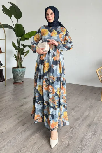 Patterned Chiffon Anthracite Dress
