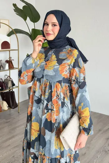 Patterned Chiffon Anthracite Dress