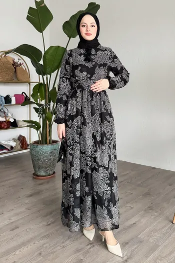 Black Chiffon Dress with Ruching Detail