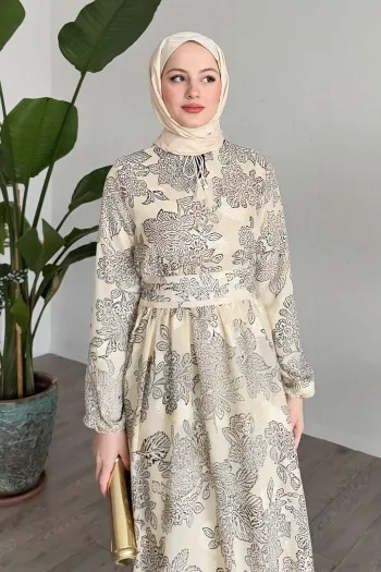 Beige Chiffon Dress with Ribbed Waist Detail