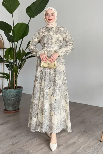 Beige Chiffon Dress with Ribbed Waist Detail