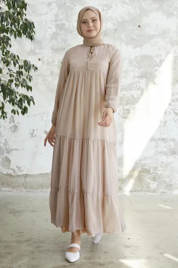 Laced Neck Yoryo Light Beige Chiffon Dress