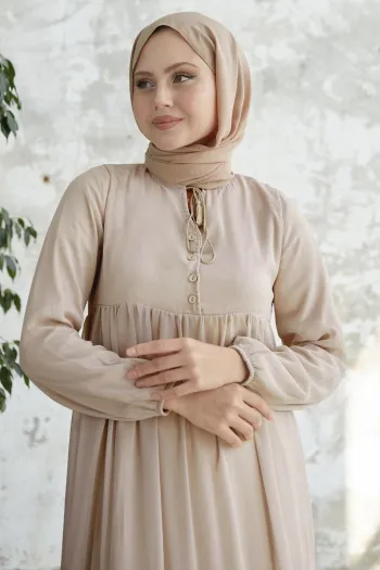 Laced Neck Yoryo Light Beige Chiffon Dress