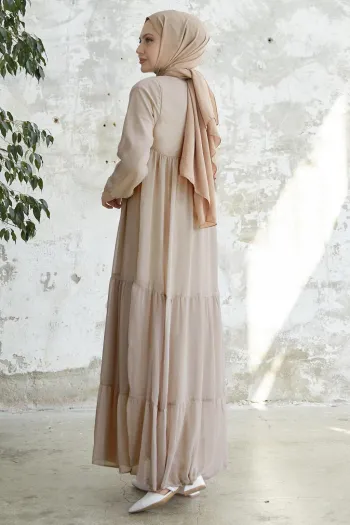 Laced Neck Yoryo Light Beige Chiffon Dress