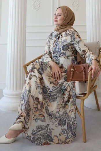 Serena Floral Print Pleated Cream Chiffon Dress