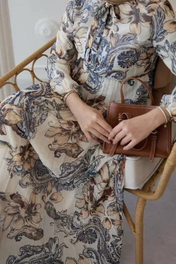 Serena Floral Print Pleated Cream Chiffon Dress