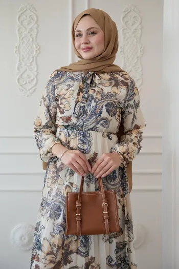 Serena Floral Print Pleated Cream Chiffon Dress