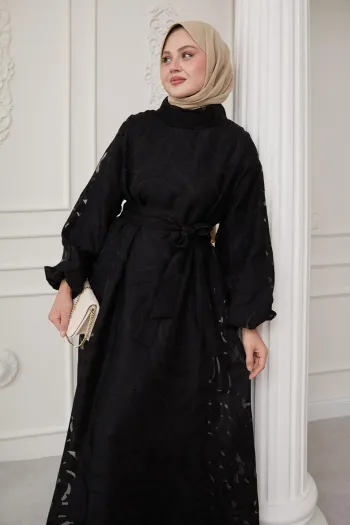 Black Dress with Tulle Balloon Sleeves