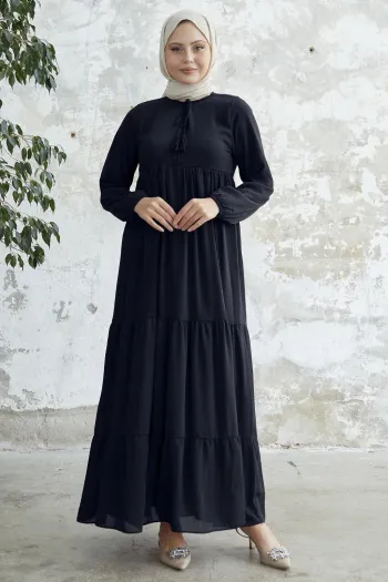 Laced Neck Deep Navy Chiffon Dress