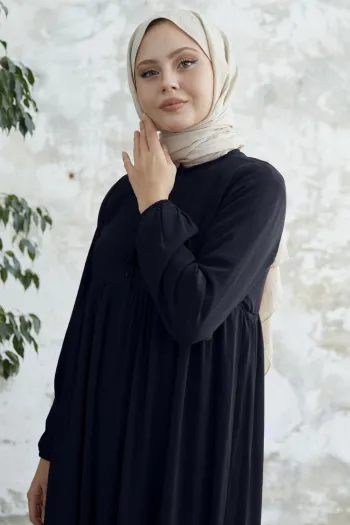 Laced Neck Deep Navy Chiffon Dress