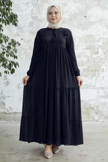 Laced Neck Deep Navy Chiffon Dress