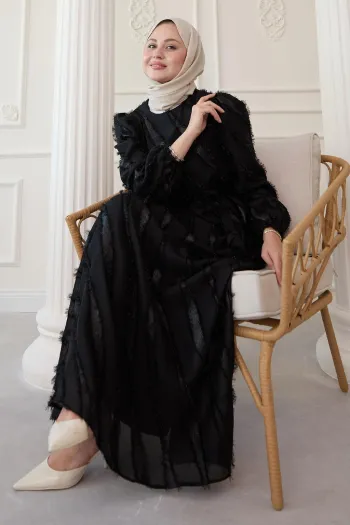 Simple Black Chiffon Satin Dress with Fringes