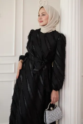 Simple Black Chiffon Satin Dress with Fringes