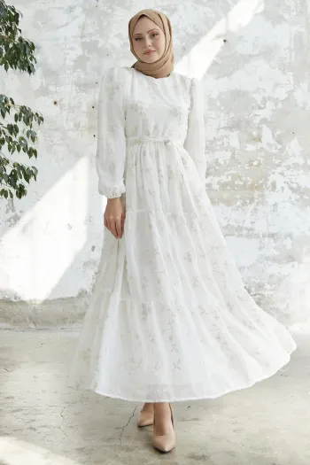 Embroidered Ruffled Chiffon Dress - White