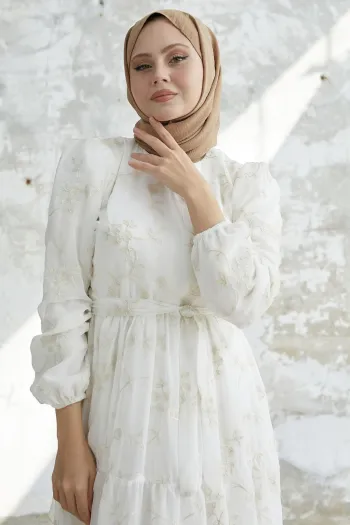 Embroidered Ruffled Chiffon Dress - White