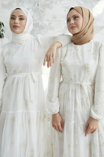 Embroidered Ruffled Chiffon Dress - White
