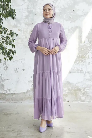 Lace-Up Neck Yoryo Lilac Chiffon Dress
