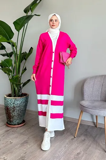 Long Fuchsia Knit Cardigan with Stripe Details