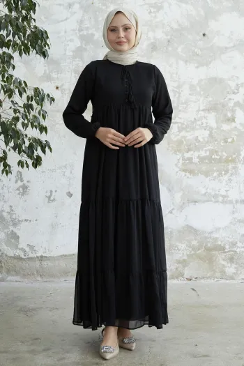 Black Chiffon Dress with Lace-Up Neckline