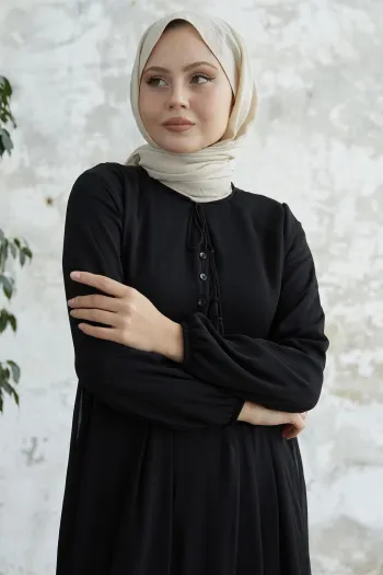 Black Chiffon Dress with Lace-Up Neckline