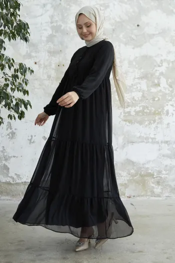 Black Chiffon Dress with Lace-Up Neckline