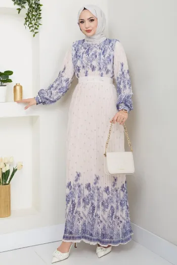 Long Pleated Navy Chiffon Dress with Patterned Sleeves