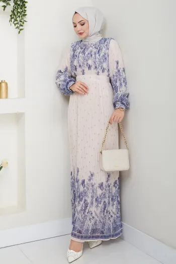 Long Pleated Navy Chiffon Dress with Patterned Sleeves