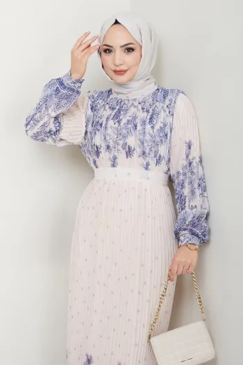 Long Pleated Navy Chiffon Dress with Patterned Sleeves