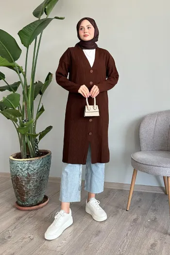 Dark brown ribbed knit cardigan with buttons