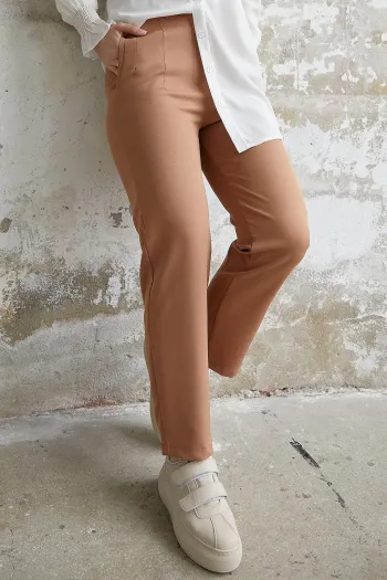 High Waist Darted Double Fabric Trousers - Camel