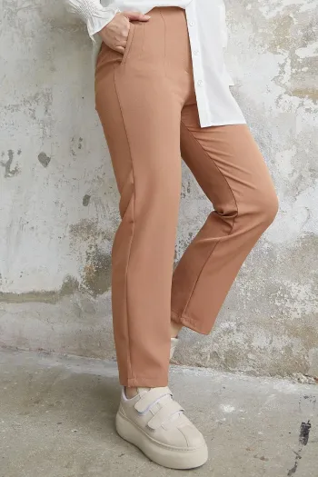 High Waist Darted Double Fabric Trousers - Camel