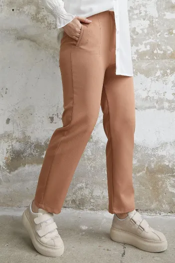 High Waist Darted Double Fabric Trousers - Camel
