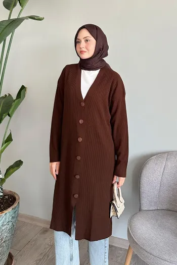 Dark brown ribbed knit cardigan with buttons