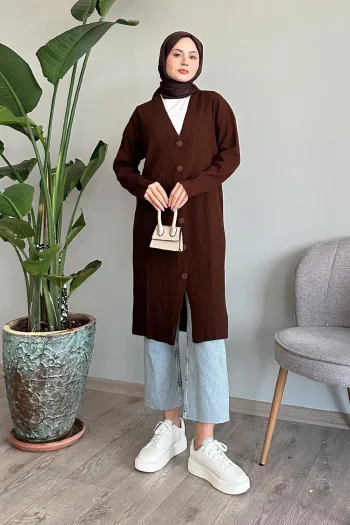 Dark brown ribbed knit cardigan with buttons