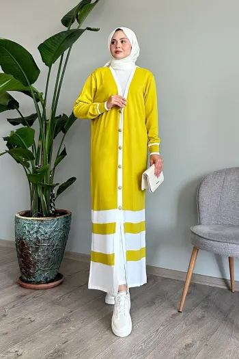 Long Yellow Striped Knit Cardigan
