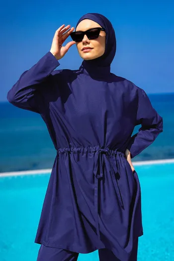 ملابس سباحة مغطاة بالكامل مع رباط خصر وأزرق داكن