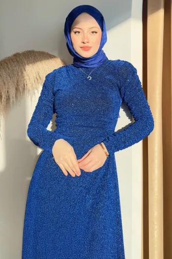 فستان ساكس أزرق لامع مزدوج الصدر مطوي
