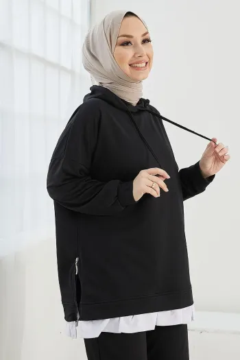 مجموعة مكونة من قطعتين باللون الأسود مع غطاء للرأس وسحابات جانبية