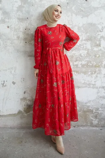 Embroidered Floral Chiffon Dress in Bright Red from Merlin