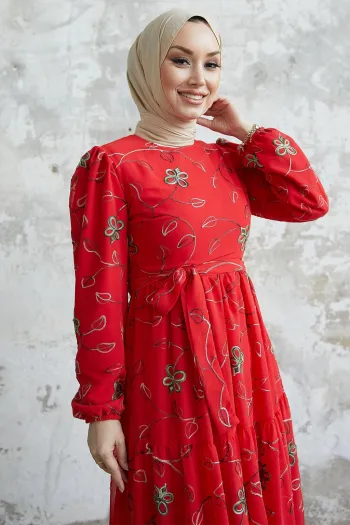 Embroidered Floral Chiffon Dress in Bright Red from Merlin