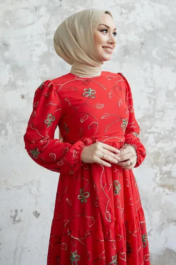 Embroidered Floral Chiffon Dress in Bright Red from Merlin