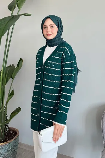 Cardigan de punto verde petróleo con patrón de diamantes y rayas