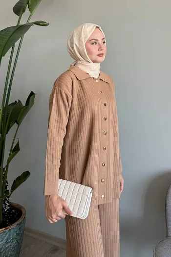 Camel Knit Sweater Set with Ribbing and Buttons