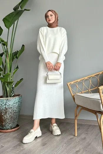 White Knit Set with Puff Sleeve Dress