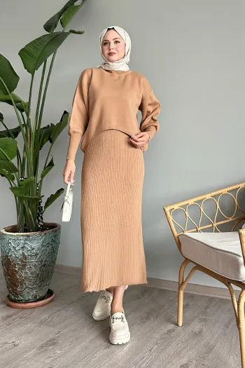 Camel Colored Puff Sleeve Dress and Tricot Set