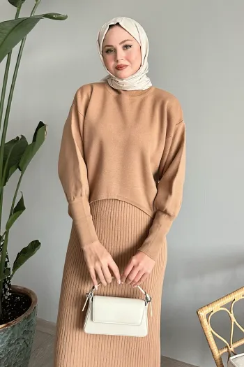 Camel Colored Puff Sleeve Dress and Tricot Set